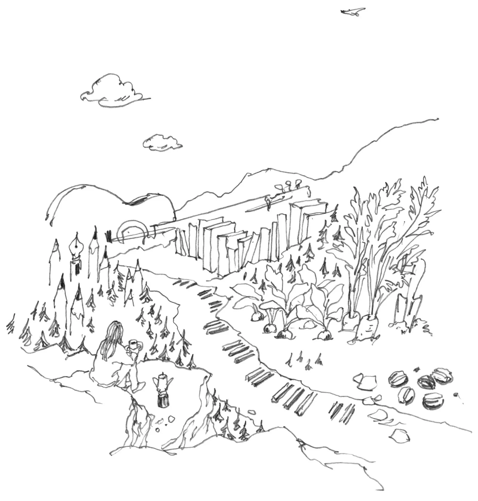 Illustration by Mariya Suzuki of a person resting on a hilltop above a landscape of books, pencils and vegetables